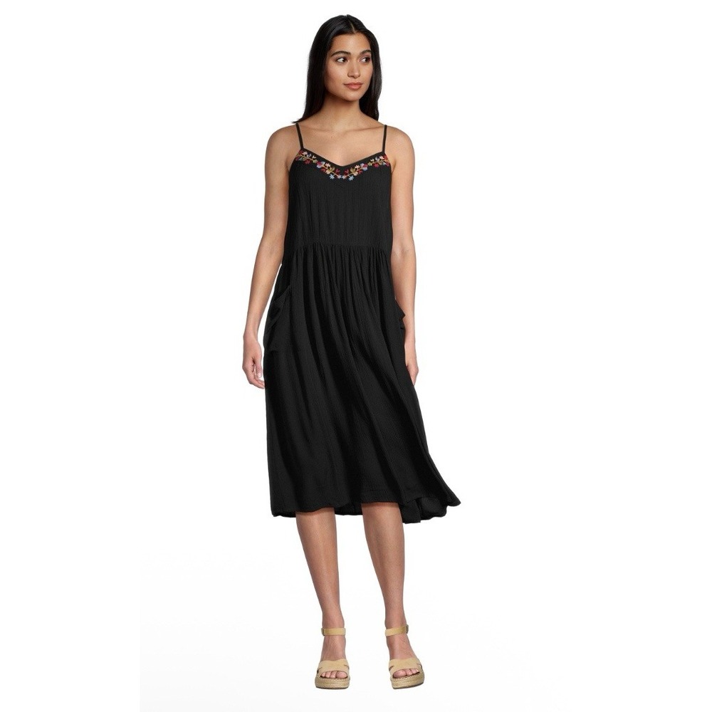 World Market Evaline Black Floral Embroidered Midi Dress L/XL Pockets Boho‎ EUC